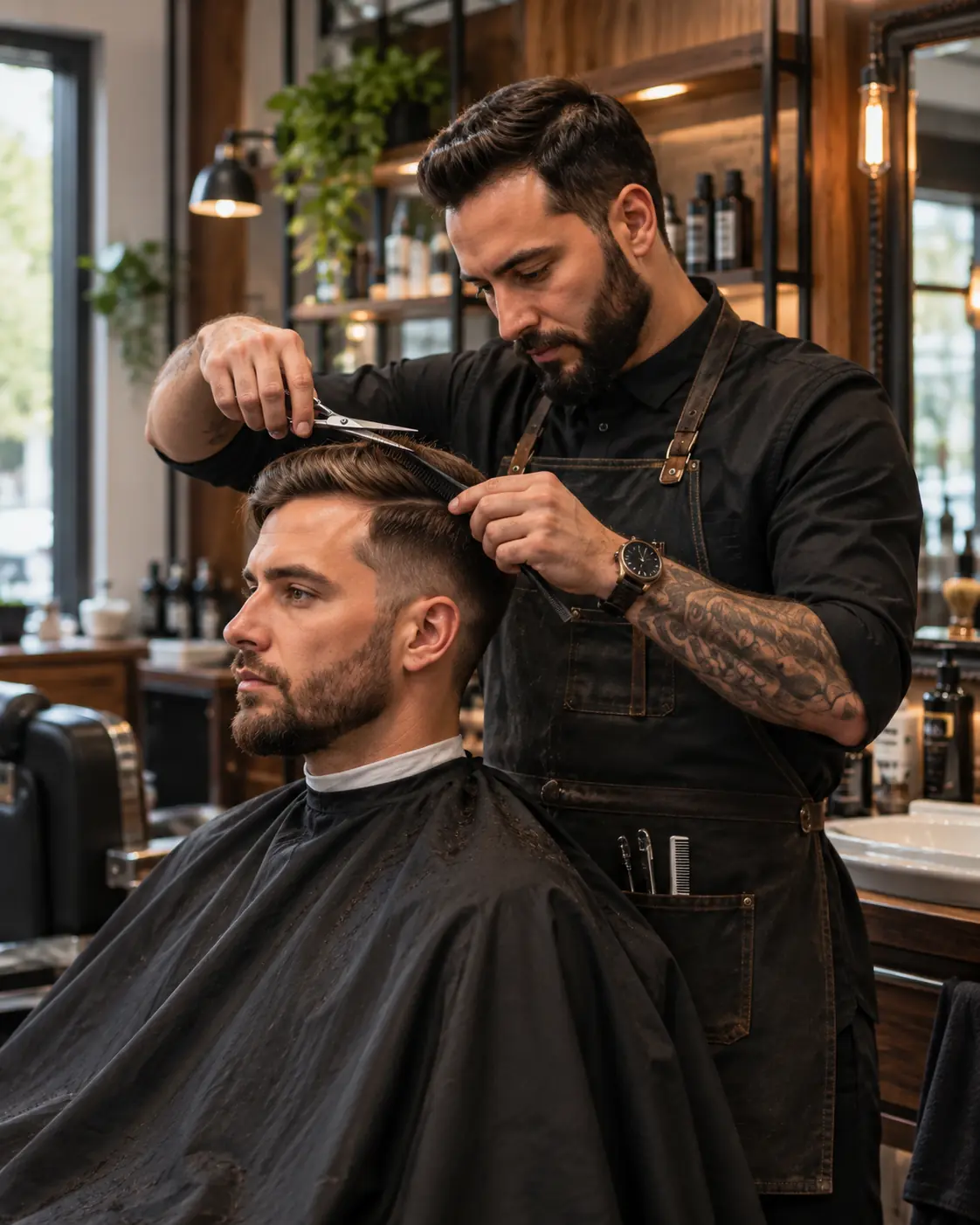 Barbero cortando el pelo a un cliente